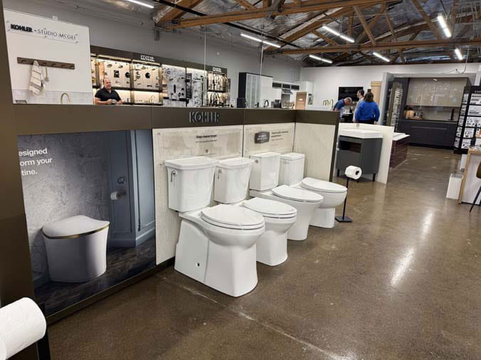 Kohler toilets lined up at FACETS of Chicago Kitchen & Bath Showroom